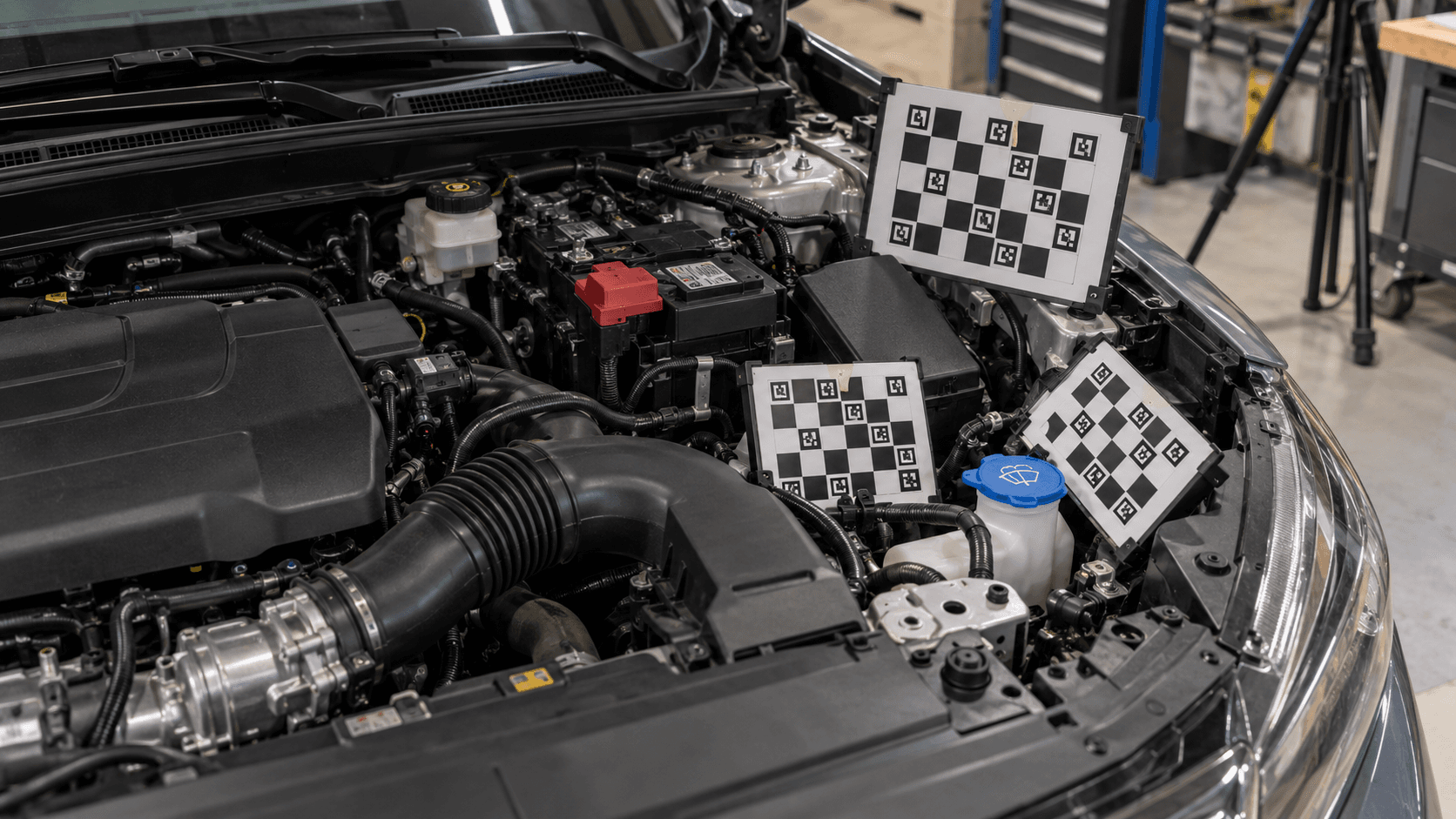 Photo of the printed ChArUco boards placed in the engine bay